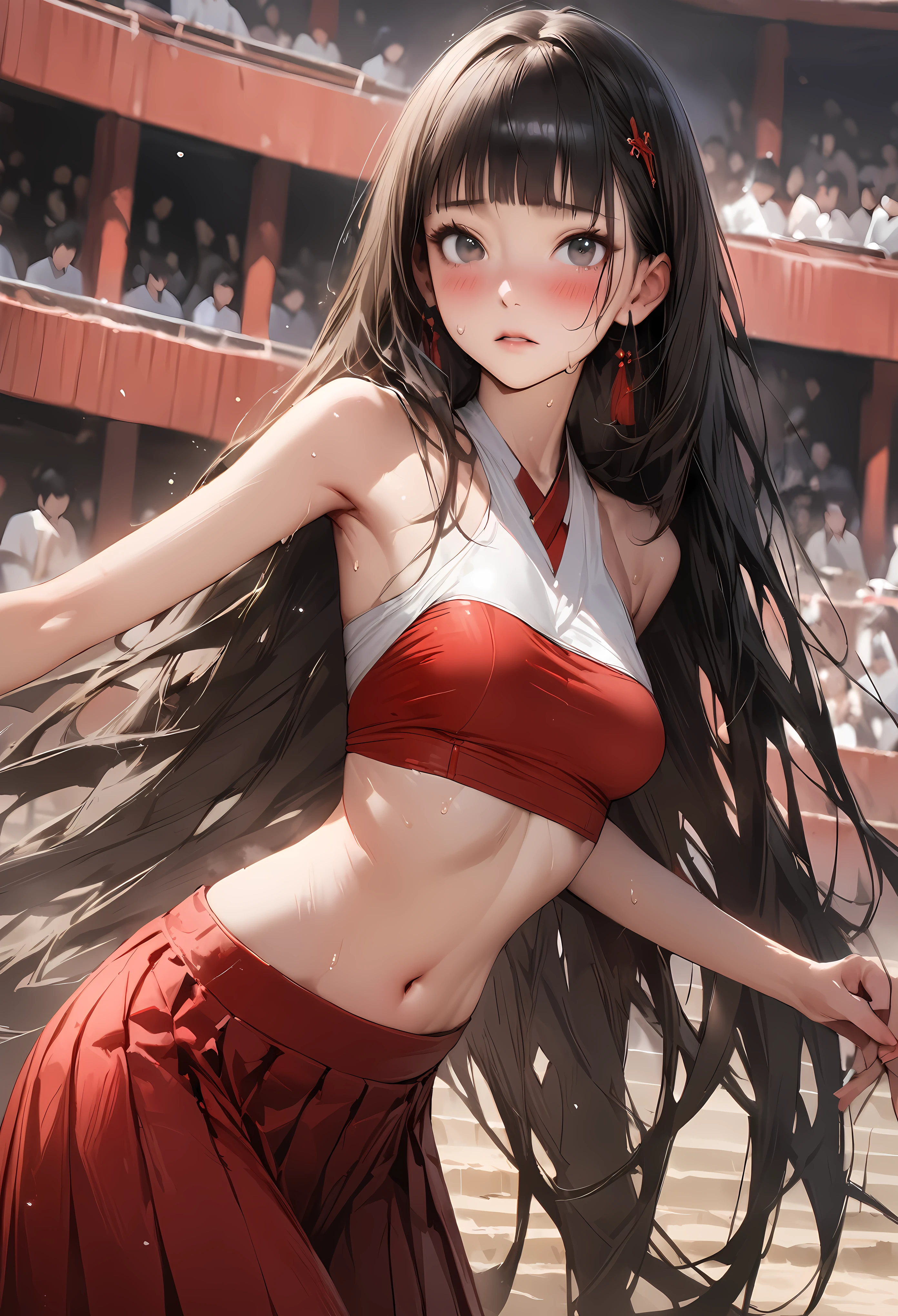 (((masterpiece,Highest quality:1.3,best quality illustration))),(realistic),cowboy shot,solo,1woman,18 year old beauty,black hair,long hair,bangs,black eyes,gorgeous big eyes,((very small head:1.3)),blush,((very long body:1.2,skinny)),medium breasts,White tube top shirt、navel、(Black pleated mini skirt),Brown leather fingerless gloves、sweat,in heat,gleaming skin,toned body,slender body、During a martial arts match、amphitheater、