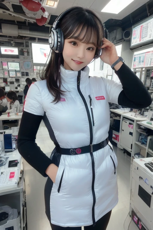 masterpiece, Highest quality, Very detailed, 8K Portrait,Japanese Android Girl,plump , Control panel,Robotic arms and legs, Blunt bangs,,break (Metallic Gray, Metallic luster, Mirror finish, Astro Best):5,headphone:5,break (Black sleeves):100,Smart Watches,Futuristic space station,Control Room,break headphone,blue eyes,(Black Hair):2,(Long Hair):1.3,Viewer Display,(respirator),break blush:3,Hidden Hand,smile