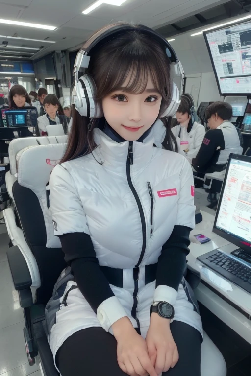 masterpiece, Highest quality, Very detailed, 8K Portrait,Japanese Android Girl,plump , Control panel,Robotic arms and legs, Blunt bangs,,break (Metallic Gray, Metallic luster, Mirror finish, Astro Best):5,headphone:5,break (Black sleeves):100,Smart Watches,Futuristic space station,Control Room,break headphone,blue eyes,(Black Hair):2,(Long Hair):1.3,Viewer Display,(respirator),break blush:3,Hidden Hand,smile