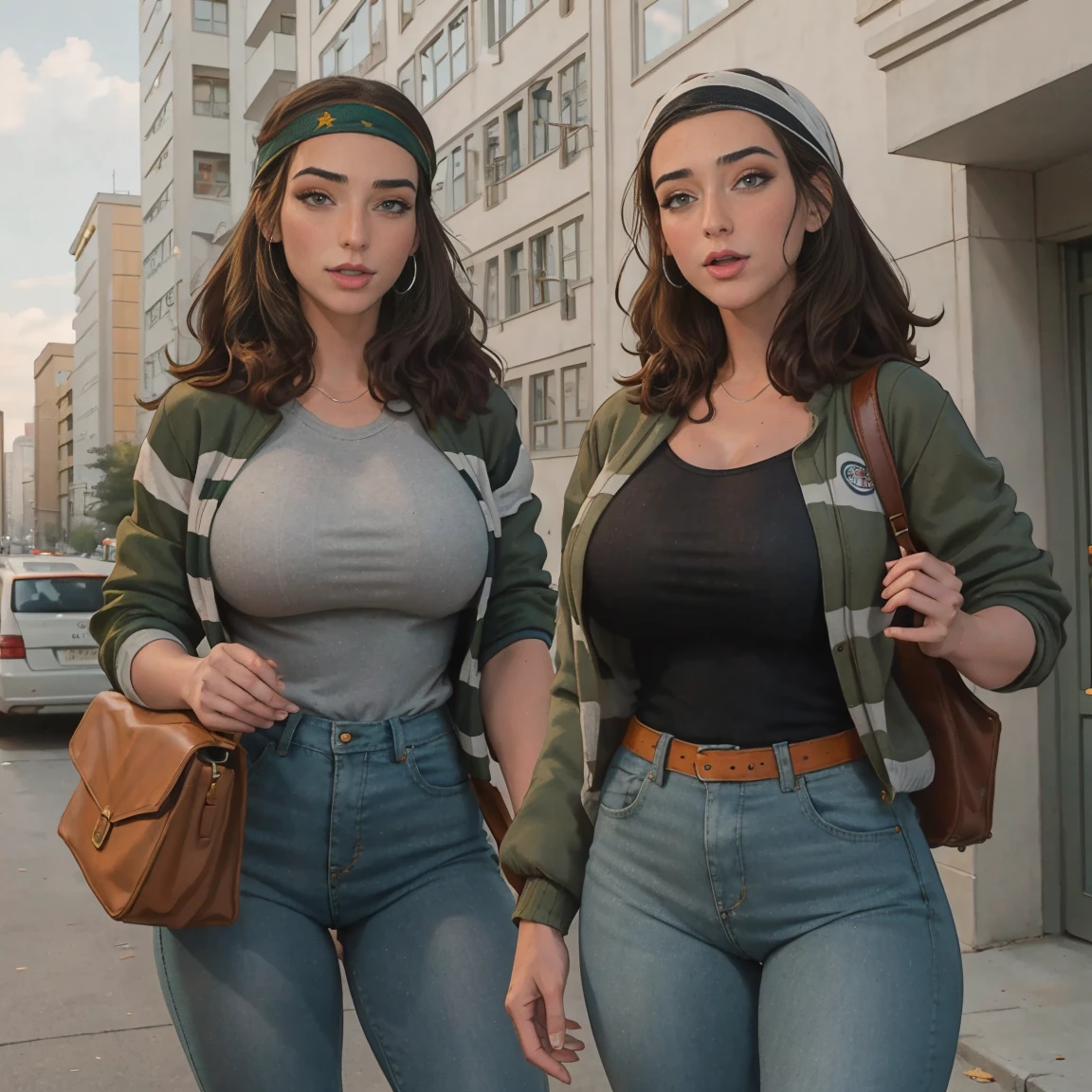 Extremely busty thin and toned brunette photographer, college girl, fair skin, loose side sweep, soft face, athletic, bandana babushka headwrap, tight olive green casual windbreaker, skinny jeans. standing in front of her apartment building, outdoors, city, camera bag, cleavage