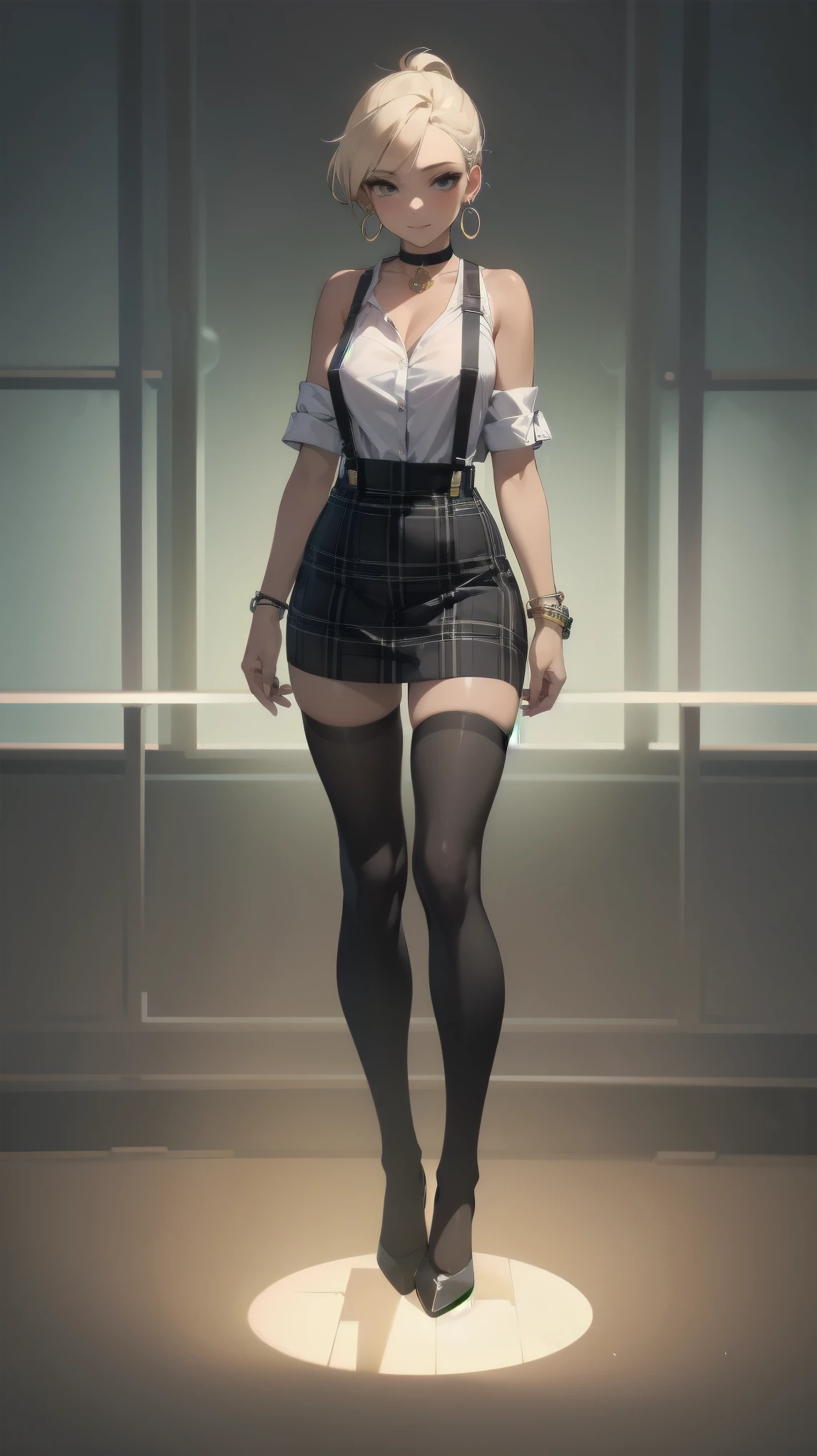 1 girl, looking directly at viewer, business attire, tan skin, top showing skin, big circle earrings, choker, skirt, shirt, thighhighs, jewelry, earrings, thighhighs, bracelet, plaid, makeup, suspenders, suspender skirt, highly detailed, bare shoulders, natural lighting, full body view, standing still, bright colors