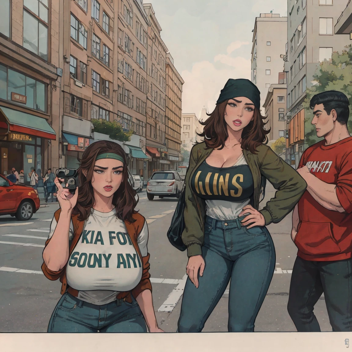 Extremely busty thin and toned brunette photographer, college girl, fair skin, loose side sweep, soft face, athletic, bandana babushka headwrap, tight olive green casual windbreaker, skinny jeans. standing in front of her apartment building, outdoors, city, camera bag, cleavage