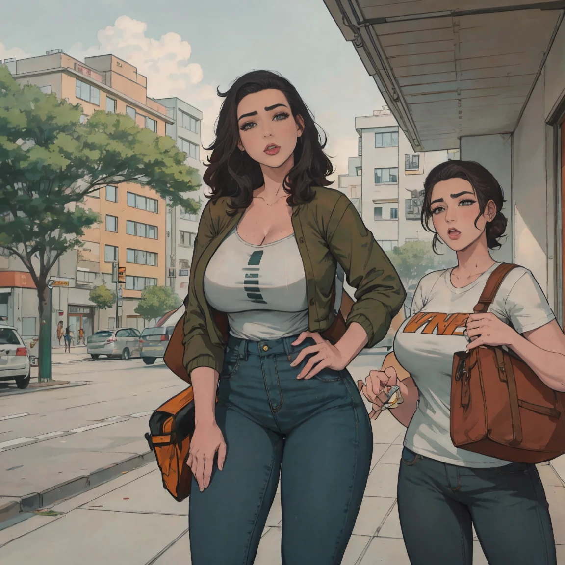 Extremely busty thin and toned brunette photographer, college girl, fair skin, loose side sweep, soft face, athletic, bandana babushka headwrap, tight olive green casual windbreaker, skinny jeans. standing in front of her apartment building, outdoors, city, camera bag, cleavage