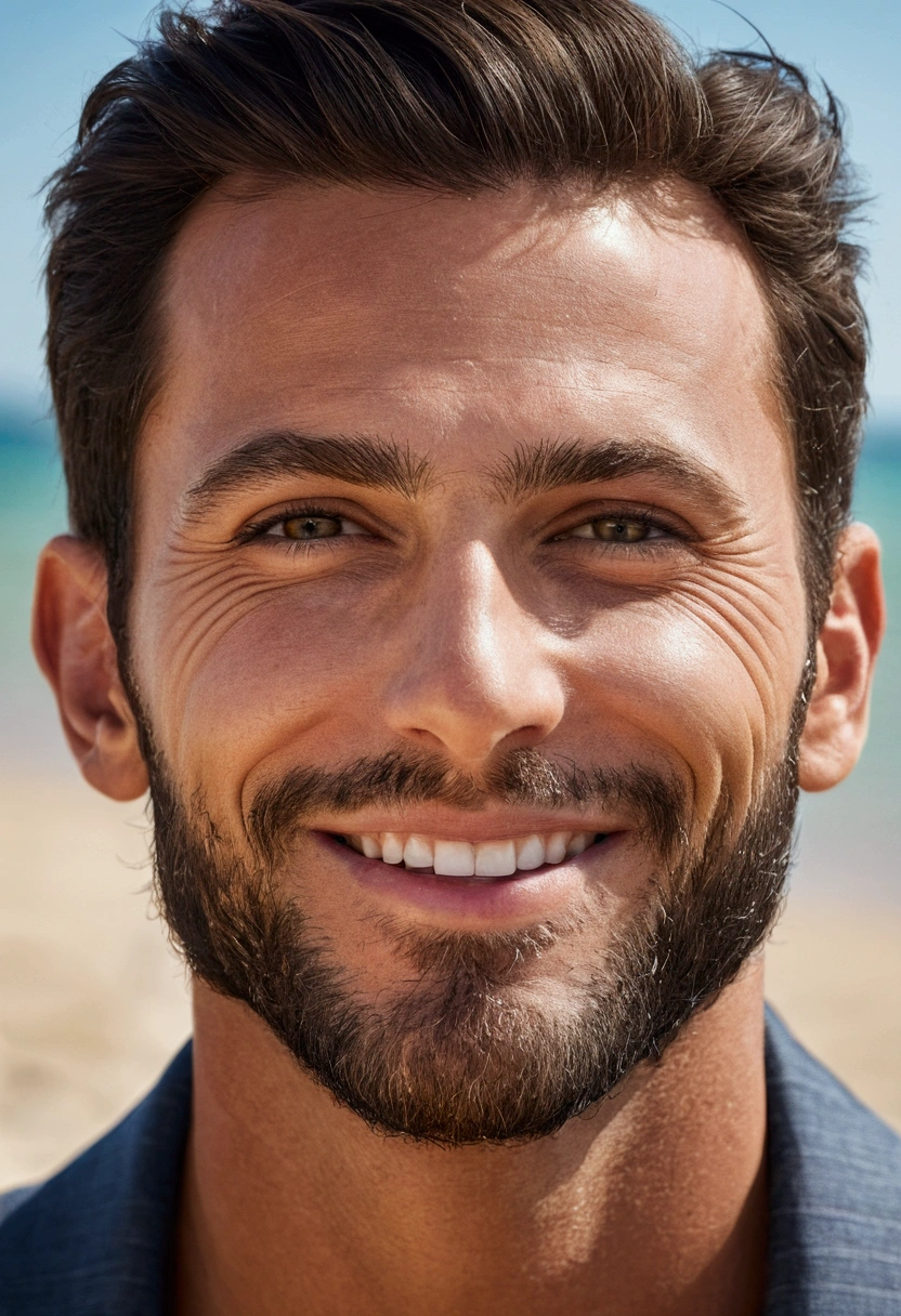 La meilleure qualité,Ultra détaillé,réaliste:1.37,Bel homme,beau visage,yeux détaillés,mâchoire forte,barbe de chaume,Charmant sourire,Occasionnel,cheveux élégants,rase,Posture sûre,gentilhomme,Regard captivant,bien soigné,professionnel,Apparence de modèle,Des couleurs vives,Éclairage des studios,Tonalité de couleur chaude de l'avant à la caméra ,Moitié:portrait sur la plage