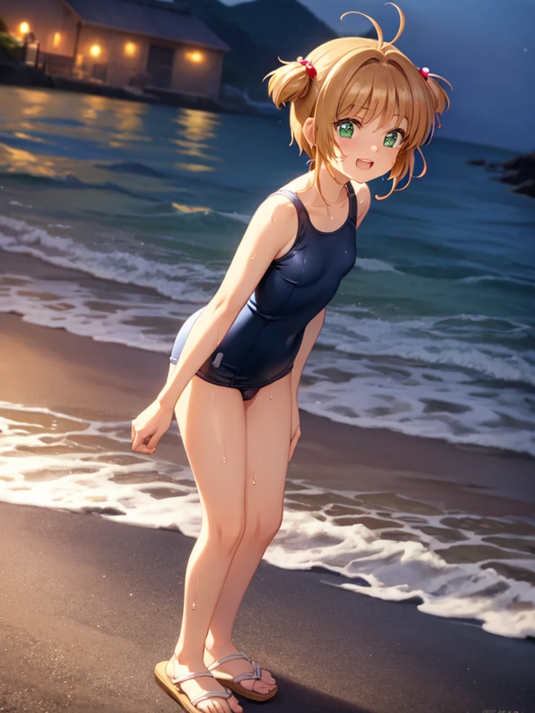 (masterpiece:1.2), best quality, high resolution, unity 8k wallpaper, (illustration:0.8), (beautiful detailed eyes:1.6), extremely detailed face, extremely detailed fingers, perfect lighting, extremely detailed CG, (kinomoto sakura, green eyes, short hair, two side up, , short stature, small breast, solo,), standing, arms folded behind back, no bra, show off nipple, little nipple, school swimsuit, open-breast clothes, transparent clothes, wet clothes, barefoot, white sandals, vagina, gleaming skin, moist skin, embarrassed, open mouth, night, evening, beach, front view, looking at viewer, grin, 