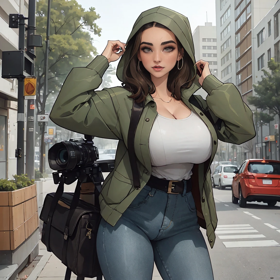 Extremely busty thin and toned brunette photographer, college girl, fair skin, loose side sweep, soft face, athletic, bandana babushka headwrap, tight olive green casual windbreaker, skinny jeans. standing in front of her apartment building, outdoors, city, camera bag, cleavage 