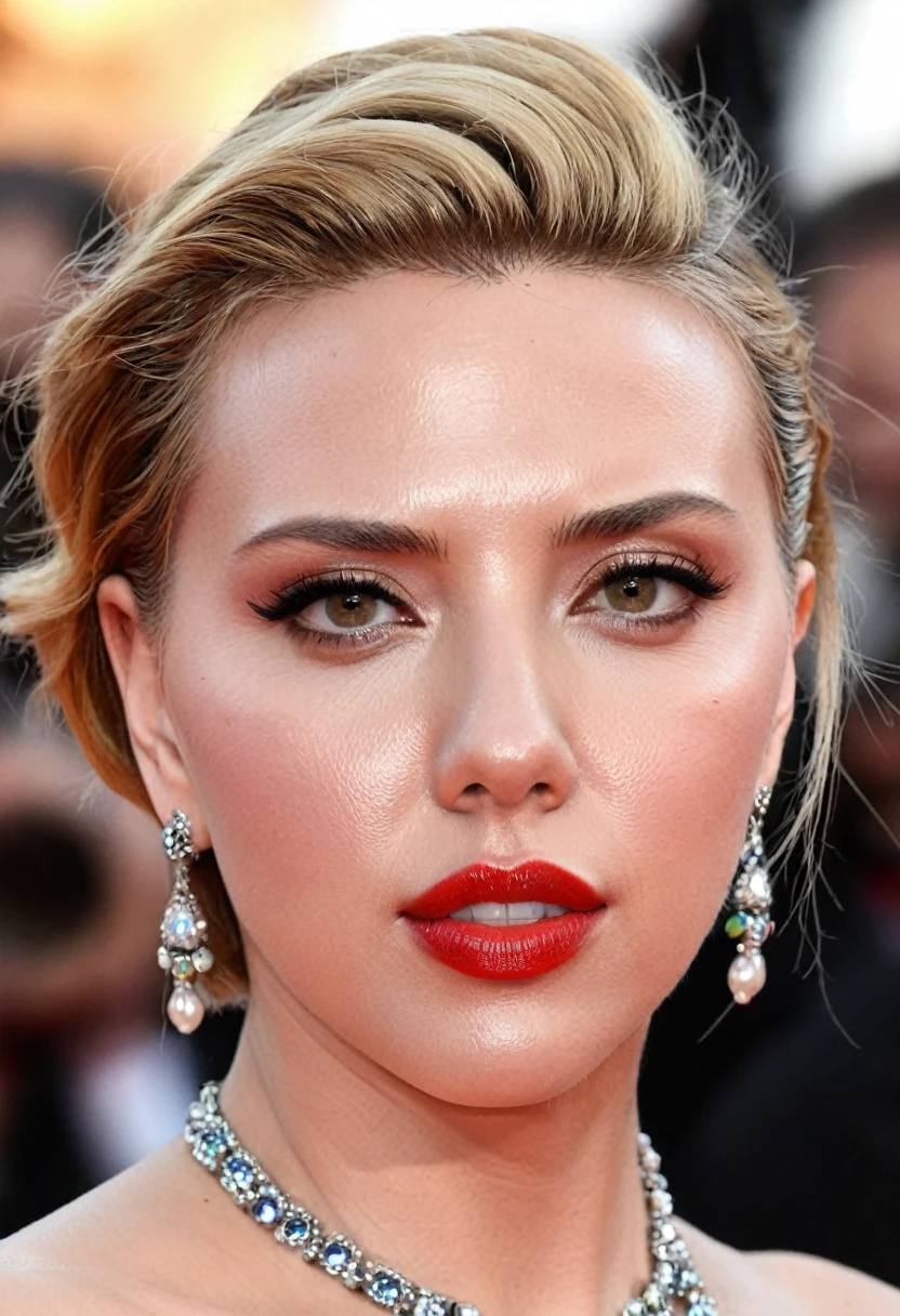 Scarlett Johansson face, hyper realistic, ((naked, no bra, no panties, no underwear)), outdoor Indonesia, ((big crowd)), ((busy outdoor)), naked party