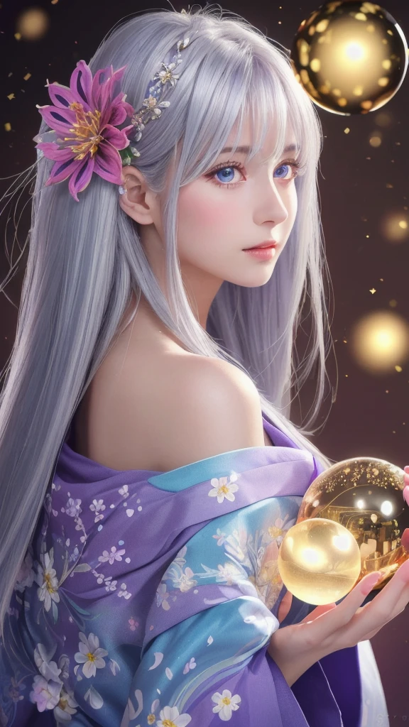 (masterpiece:1.3), (8k, photorealistic, raw photo, highest quality:1.4), (one girl), beautiful face, (realistic face), (long hair), (silver hair, near white hair, shiny hair, beautiful straight hair), (even bangs), (sharp bangs), straight hairstyle, realistic eyes, beautiful detailed eyes (purple eyes), (sharp eyes), (realistic skin), beautiful skin, (kimono), (magician's kimono), (flower hair ornament), attractive, ultra high resolution, ultra realistic, highly detailed, golden ratio, colorful background, (flowers blooming), (energy dancing background), magician, facing forward, facing from shoulders, looking straight ahead, both shoulders facing towards you, holding crystal ball, (heart crystal ball, love crystal ball).