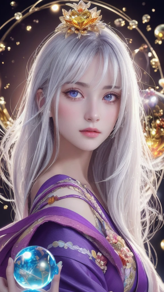 Xianxia, Ultra detailed beautiful woman, voluminous breasts, of a 25-year-old woman, Stunningly beautiful, snow-white hair, straight hairstyle, cold-blue eyes, Her entire head is visible with hair, very long eyelashes, white blue dress, Stunningly beautiful face, Focus on the face, holographic, light particles, ultra detailed illustration, hit definition, Very bold and bright colors, 32K resolution, Best Quality, voluminous lighting, "beste-Qualit", "tmasterpiece",, ultra realistis, High-quality detailing
