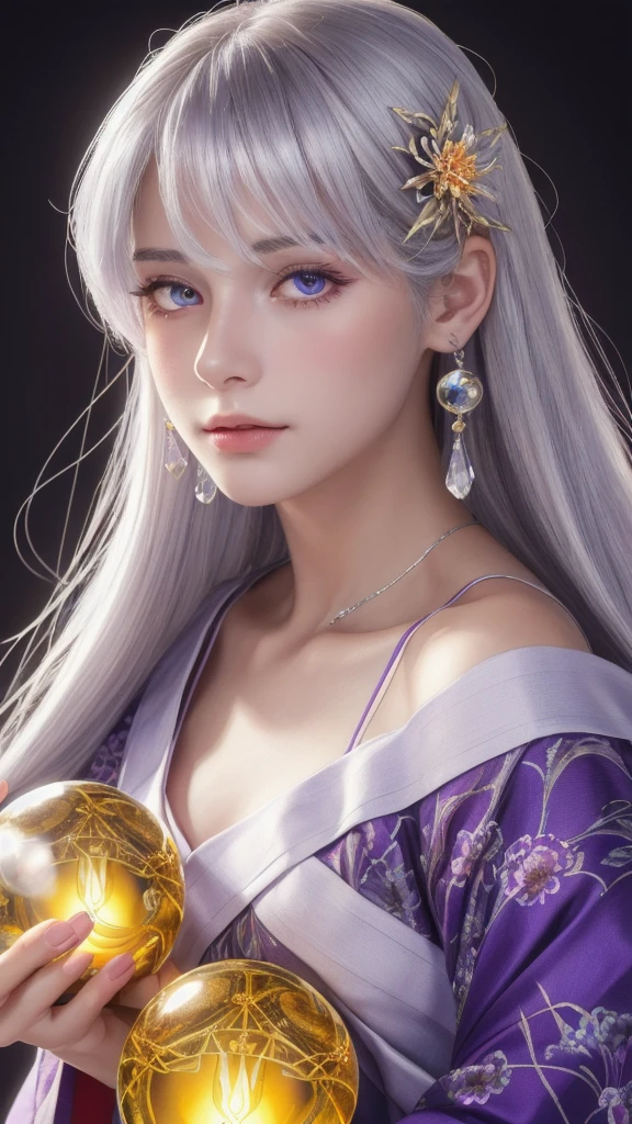 (masterpiece:1.3), (8k, photorealistic, raw photo, highest quality:1.4), (one girl), beautiful face, (realistic face), (long hair), (silver hair, near white hair, shiny hair, beautiful straight hair), (even bangs), (sharp bangs), straight hairstyle, realistic eyes, beautiful detailed eyes (purple eyes), (sharp eyes), (realistic skin), beautiful skin, (kimono), (magician's kimono), (flower hair ornament), attractive, ultra high resolution, ultra realistic, highly detailed, golden ratio, colorful background, (flowers blooming), (energy dancing background), magician, facing forward, facing from shoulders, looking straight ahead, both shoulders facing towards you, holding crystal ball, (heart crystal ball, love crystal ball).