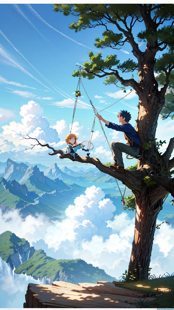 High quality, 8K Ultra HD. anime landscape of a boy on a tree swing, shadows of the tree, on a hinkai cliff, beautiful anime scene, dreamy, majestic, 4k anime wallpaper, incredible art by Bob Byerley , AshleyWoodArtAI, greg rutkowski