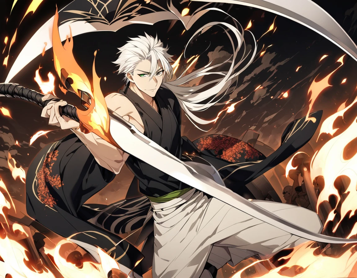1 boy, male focus, Intricate details, 1 man, handsome, white hair, vibrant green eyes, slim muscles, アニメ, 19 years old, 19 years old, a small goatee, Shinigami kimono, Shinigami, bleach style, bleach, Tank top, kimono , bleach, bleach style (black kimono), (the character would be releasing all his power on the battlefield, using your scythe launching negative flames at your opponents, leaving the entire battlefield in black flames, This is your bankai form from the bleach universe).