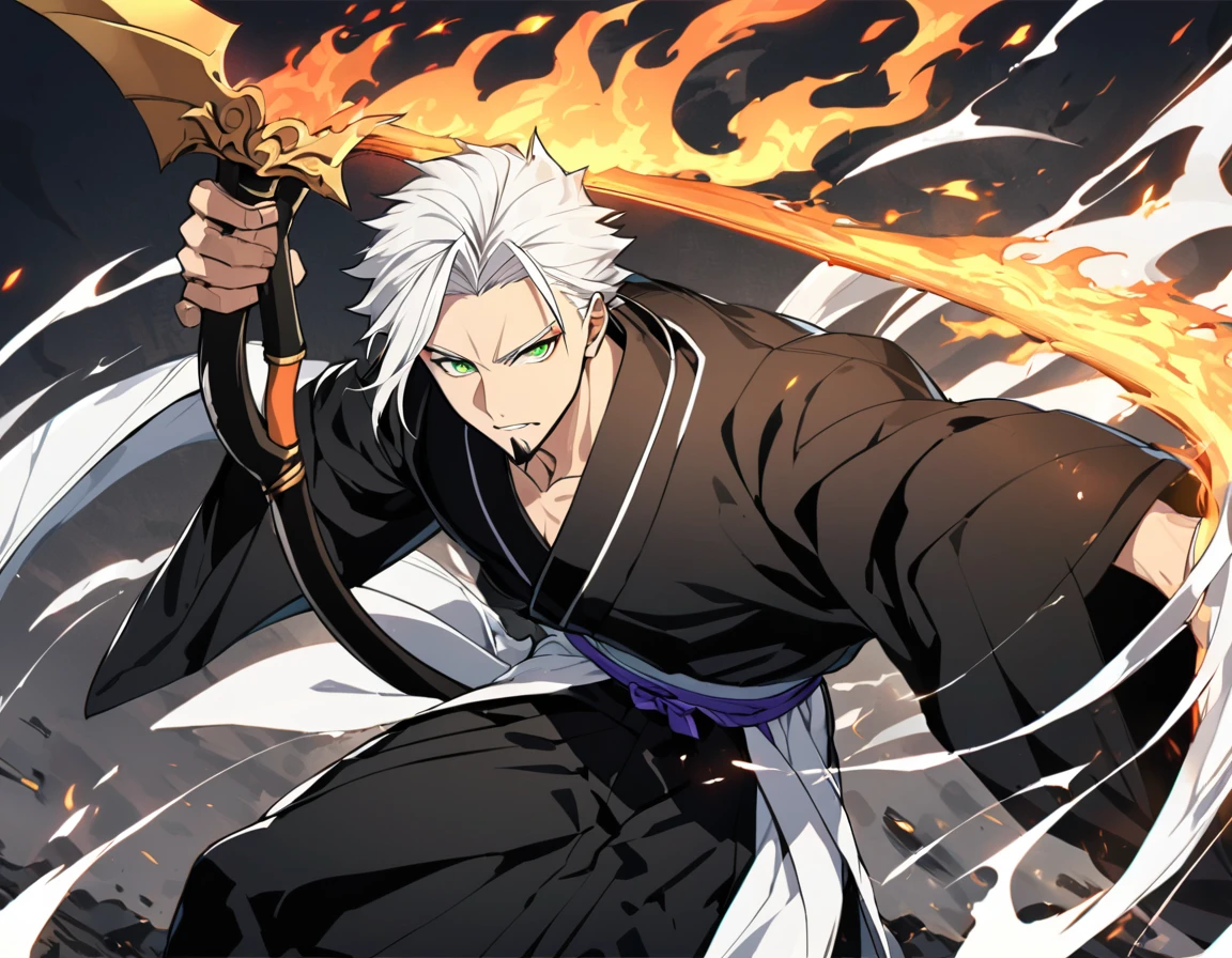 1 boy, male focus, Intricate details, 1 man, handsome, white hair, vibrant green eyes, slim muscles, アニメ, 19 years old, 19 years old, a small goatee, Shinigami kimono, Shinigami, bleach style, bleach, Tank top, kimono , bleach, bleach style (black kimono), (the character would be releasing all his power on the battlefield, using your scythe launching negative flames at your opponents, leaving the entire battlefield in black flames, This is your bankai form from the bleach universe).
