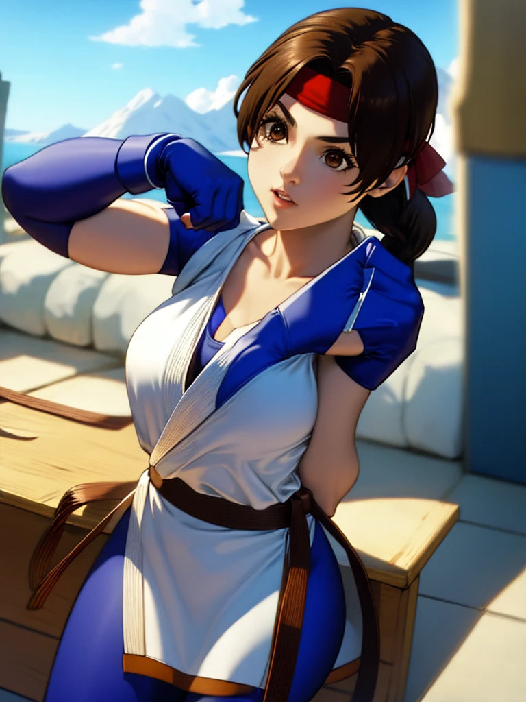 20-year-old woman, alone, athletic, brown hair tied in a braid, wears a red bandana on her forehead, wears blue fingerless gloves, wears blue gloves, high resolution, perfect image, very detailed, high contrast, colors digital, simple, medium shot, cinematic, ultra sharp focus, Award-winning photography, perfect contrast, high sharpness, depth of field, ultra detailed photography. global illumination, fluid, ultra high definition, 8k, Unreal Engine 5, ultra sharp focus, award-winning photography, Art Season Trends,
