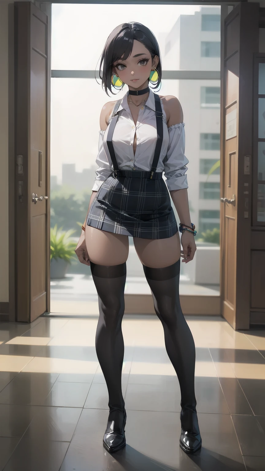 1 girl, looking directly at viewer, business attire, tan skin, top showing skin, big circle earrings, choker, skirt, shirt, thighhighs, jewelry, earrings, thighhighs, bracelet, plaid, makeup, suspenders, suspender skirt, highly detailed, bare shoulders, natural lighting, full body view, standing still, bright colors