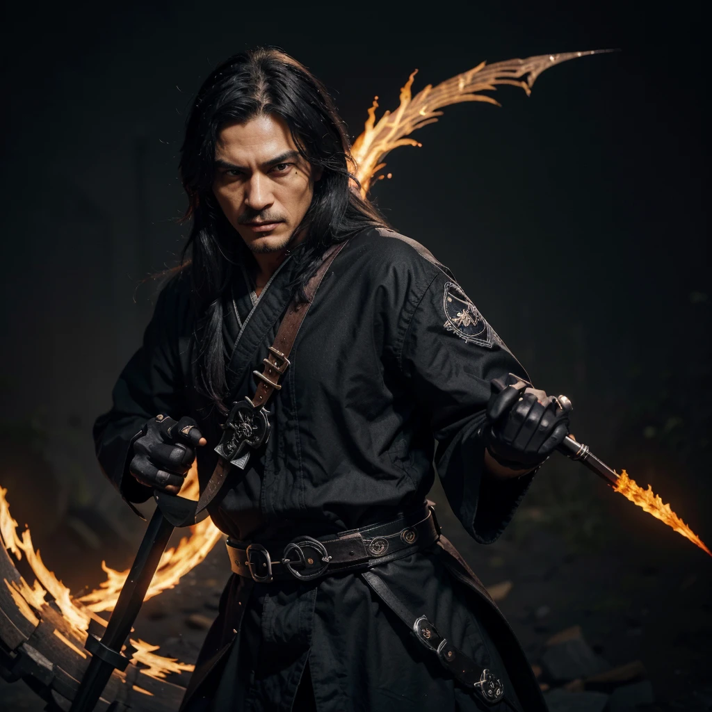A man, holding a black sickle decorated with Japanese symbols meaning death, a black flame coming out of the decoration, the edges of the sickle come out of it black winds with ghosts of skulls, the best Judy for the face and sickle The man is wearing appropriate clothes of sickle steel, the man's hair is black, the man is the embodiment of the shinigami, (the background of the CG 8k module is very detailed) (best quality), (best illustration), (best shades), very detailed t --v6