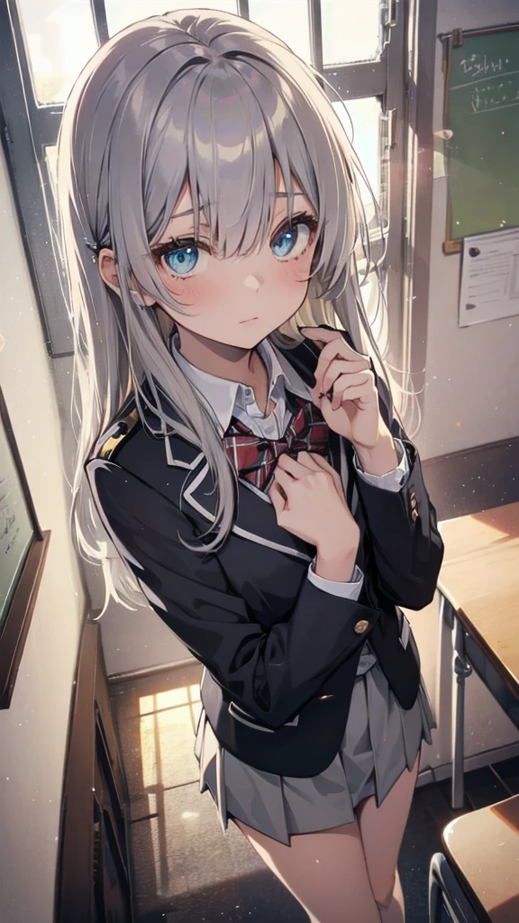 (masterpiece), (best quality), ((very detailed)), (very delicate), (A young girl), cyan eyes, sparkling eyes, droopy eyes, boston eyewear, worried,(Silver gray hair),Short messy hair, Barrette, Medium chest, Blazer uniform , platinum blonde, White skin, classroom, Sunset rays shining through the window, particles of light, Downcast eyes, lack of confidence, scared of people, afraid, bullied at school,  Muddy , High angle