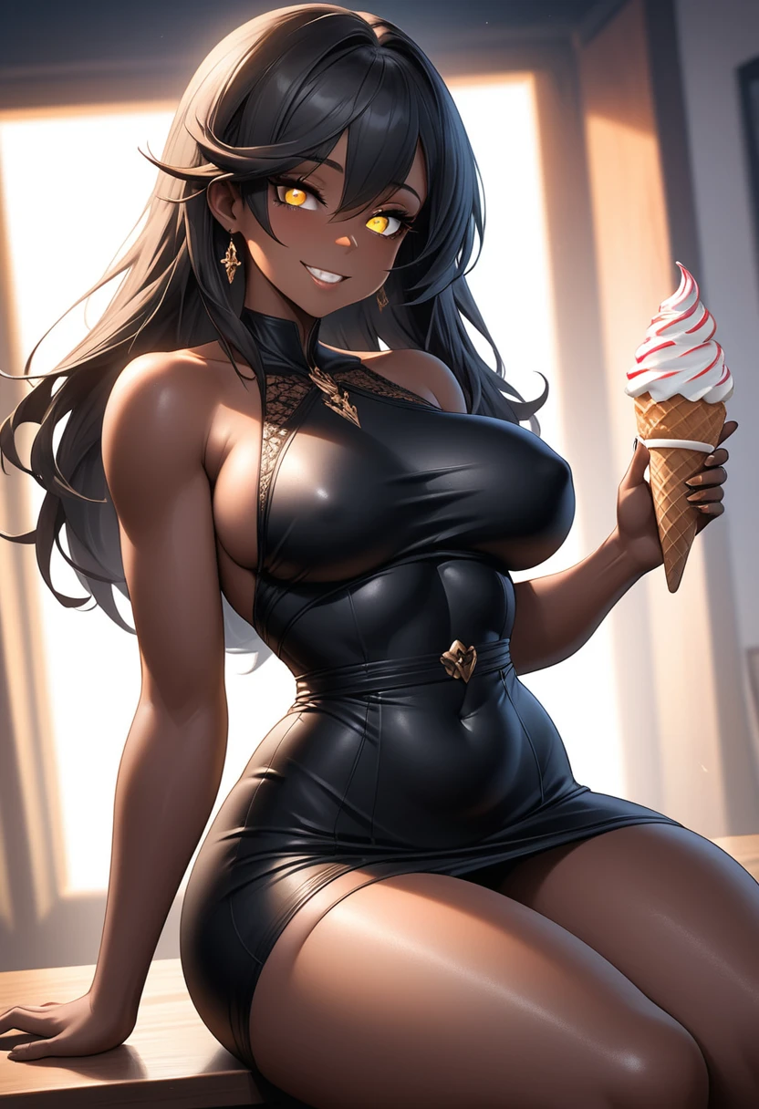 (BENGUS,Edayan):1.2, (hyper-defined art, anime coloring, best quality, hyper-hdr, 8k uhd, hyper absurdres, (raw sensuality, black woman, black and red striped thick scorpion tail, , sitting in a ice cream parlor, dreadlocks, headphones,impossibly beautiful african-caribbean features, red and brown heterochromia eyes, sitting, licking ice cream, backless, sleeveless dress, thigh lace clogs), (very dark skin, voluptuous, curvy, strong, shortstack, black hair, soft face, small wide nose, firm medium breast, curvy hips, wide hips),hyper aesthetic, hyper-detailed background), Lusterise, ,({Hyper stylistic, sharp gradients, deep highlights, hyper exposure, hyper detailed smooth textures), perfect hands, hyper perfect , perfect eyes, perfect anatomy, perfect physiques, amazing skin, hyper-detailed eyes, hyper-detailed features, salaciously smiling, dynamism, dynamic lighting, dynamic shading, sensual shadowing, sensual atmosphere