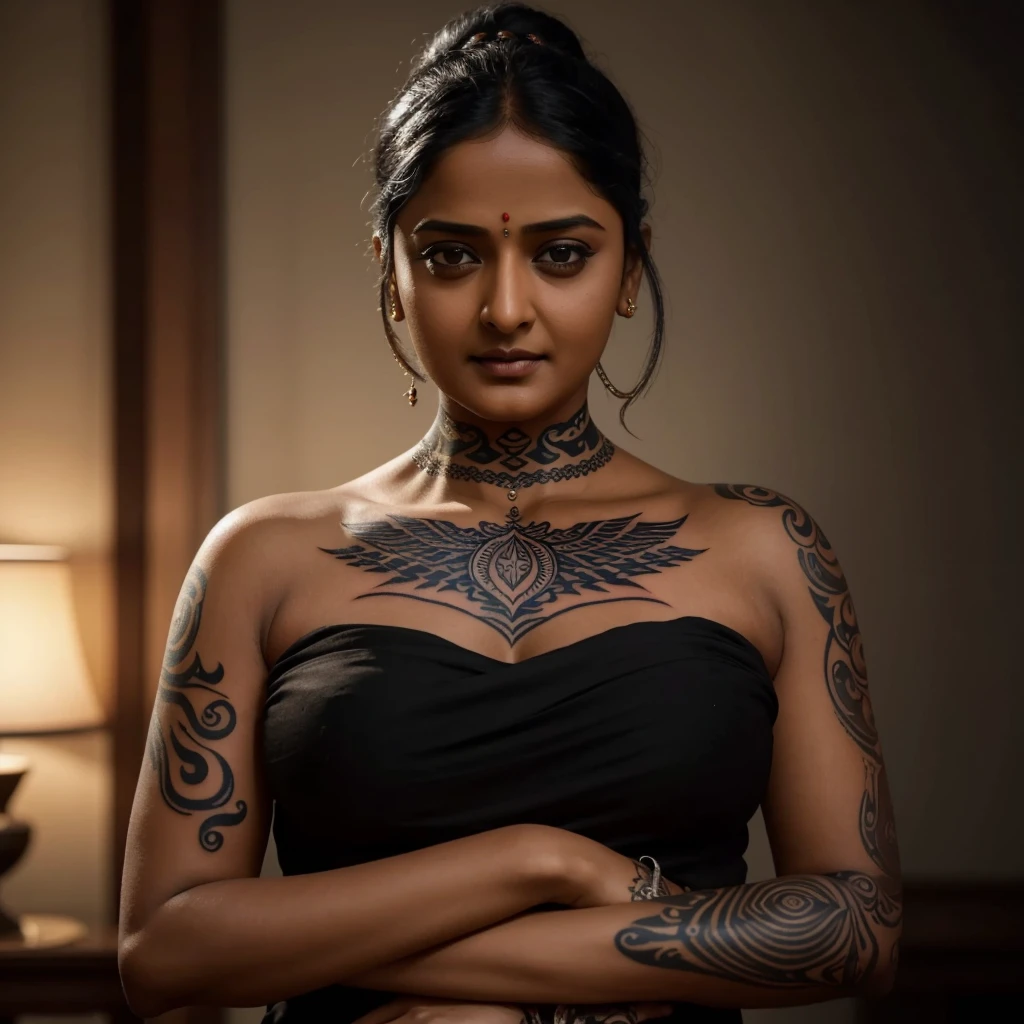 Looks like Anushka Shetty, her neck tattoo is alive, it rises from 2D skin surface to 3D life, flowing from her skin into her dark shadow world, it rises from the haunted woman, the beautiful intricacy of the tattooed line lives and breathes, it becomes something else, the line transforms her and us, the viewer