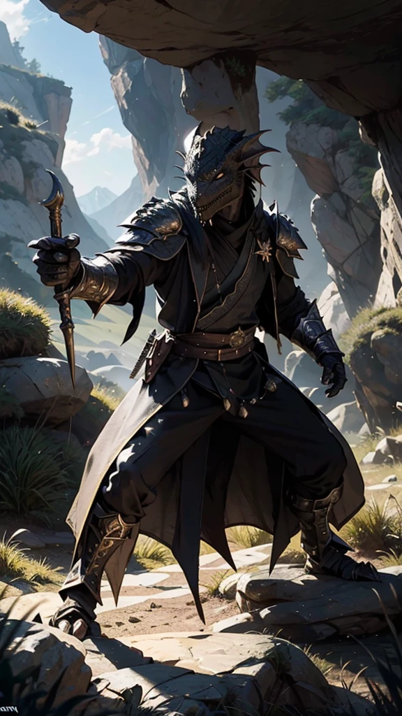 [black] Dragonborn, In a valley, wears a long robe，Light armor，daggers，Long sticks，Combat posture，DND