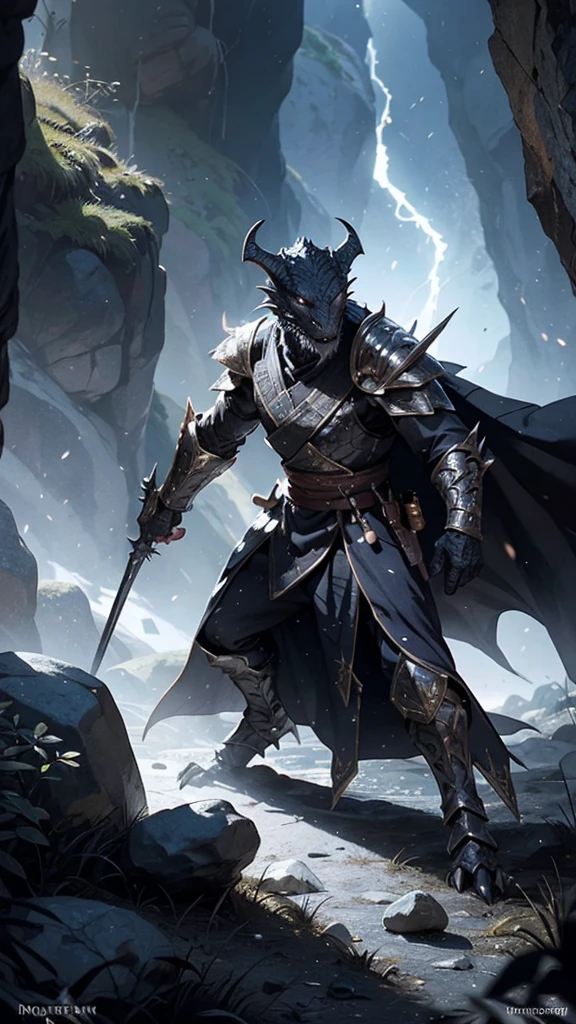 [black] Dragonborn, In a valley, wears a long robe，Light armor，daggers，Long sticks，Combat posture，DND