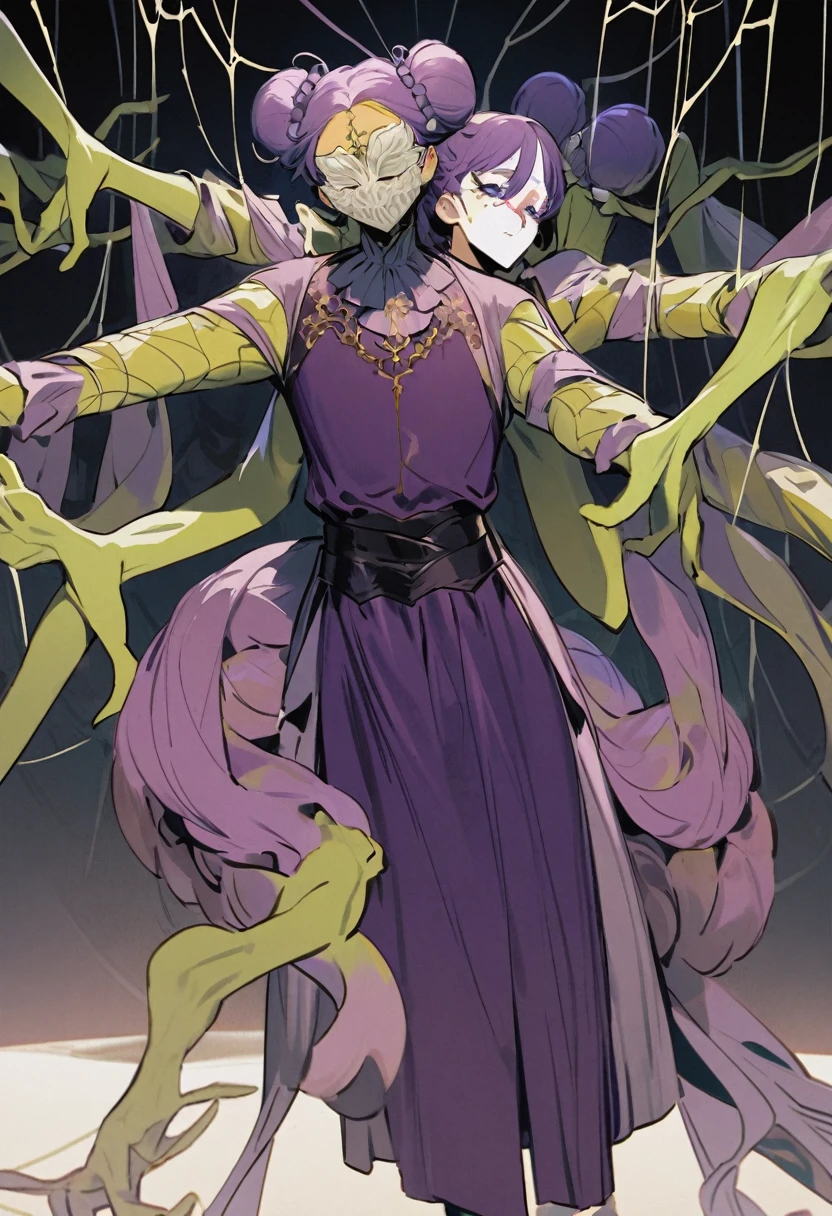 a very tall and white man, he is wearing an old French purple costume, he has six arms and wears yellow gloves on each of his six hands, he wears a purple wig with bangs and two buns and a white mask with red dots around the eyes that covers your entire face. He has a blue right eye and is blind in the left eye, he hangs from a green spider's web as if he were dancing, he is a strange and hideous yet strangely attractive monster.