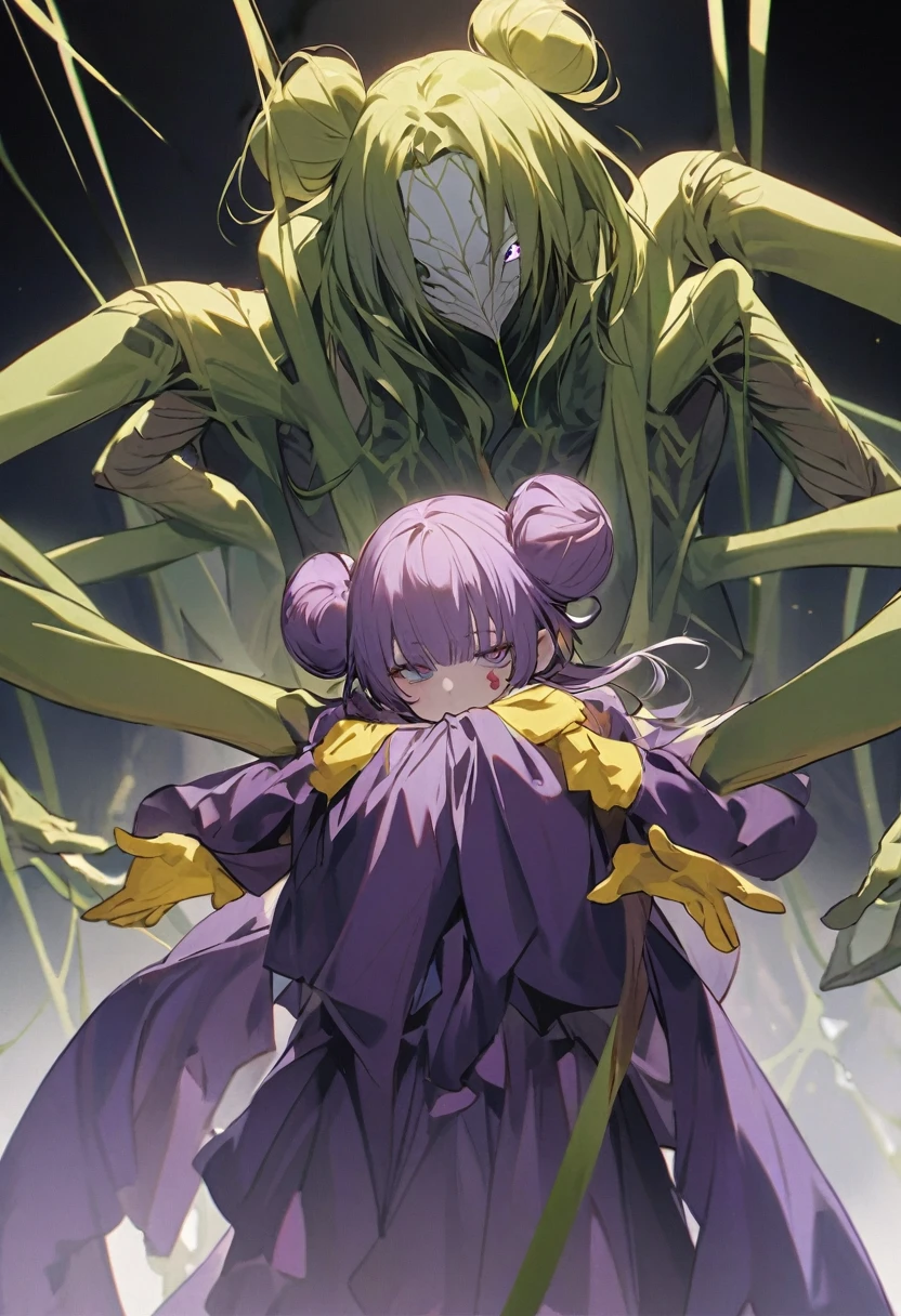 a very tall and white man, he is wearing an old French purple costume, he has six arms and wears yellow gloves on each of his six hands, he wears a purple wig with bangs and two buns and a white mask with red dots around the eyes that covers your entire face. He has a blue right eye and is blind in the left eye, he hangs from a green spider's web as if he were dancing, he is a strange and hideous yet strangely attractive monster.