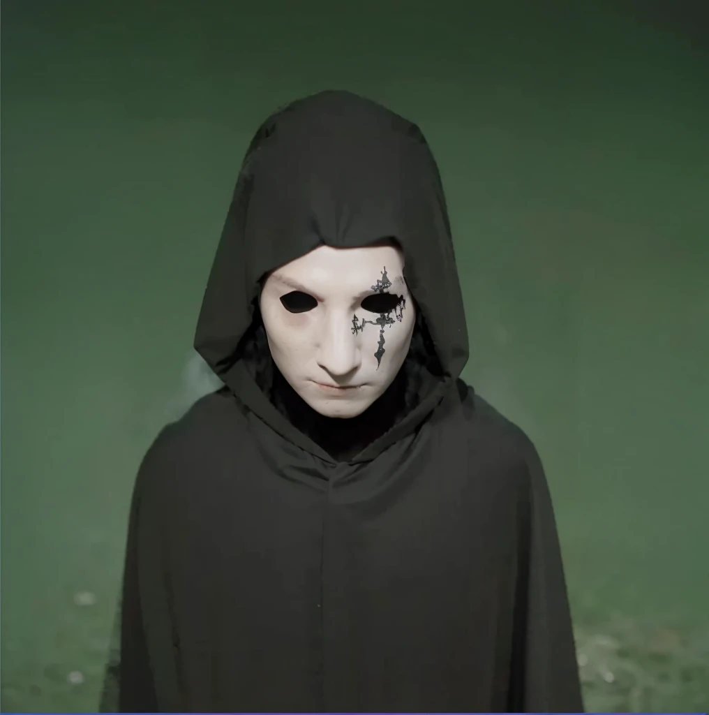 a medieval man wearing a black cloak, mask, medieval clothing, white wood mask , dramatic lighting, cinematic, dark fantasy, moody atmosphere, chiaroscuro , white wooden mask , black blood under the eye , black smoke around the eyes