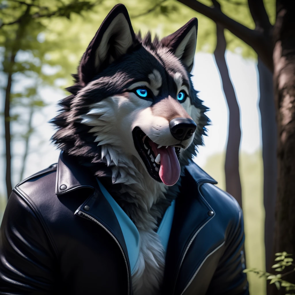 Male, 30 years old, cute, eyeliner, mouth open with tongue hanging out, black leather jacket, anthro, wolf ears, (black fur:1.5), wolf, forest background, 8k, hi res, (best quality, masterpiece), (wolf tail:1.5), detailed fur, solo, blue jeens, blue eyes, surprised expression 