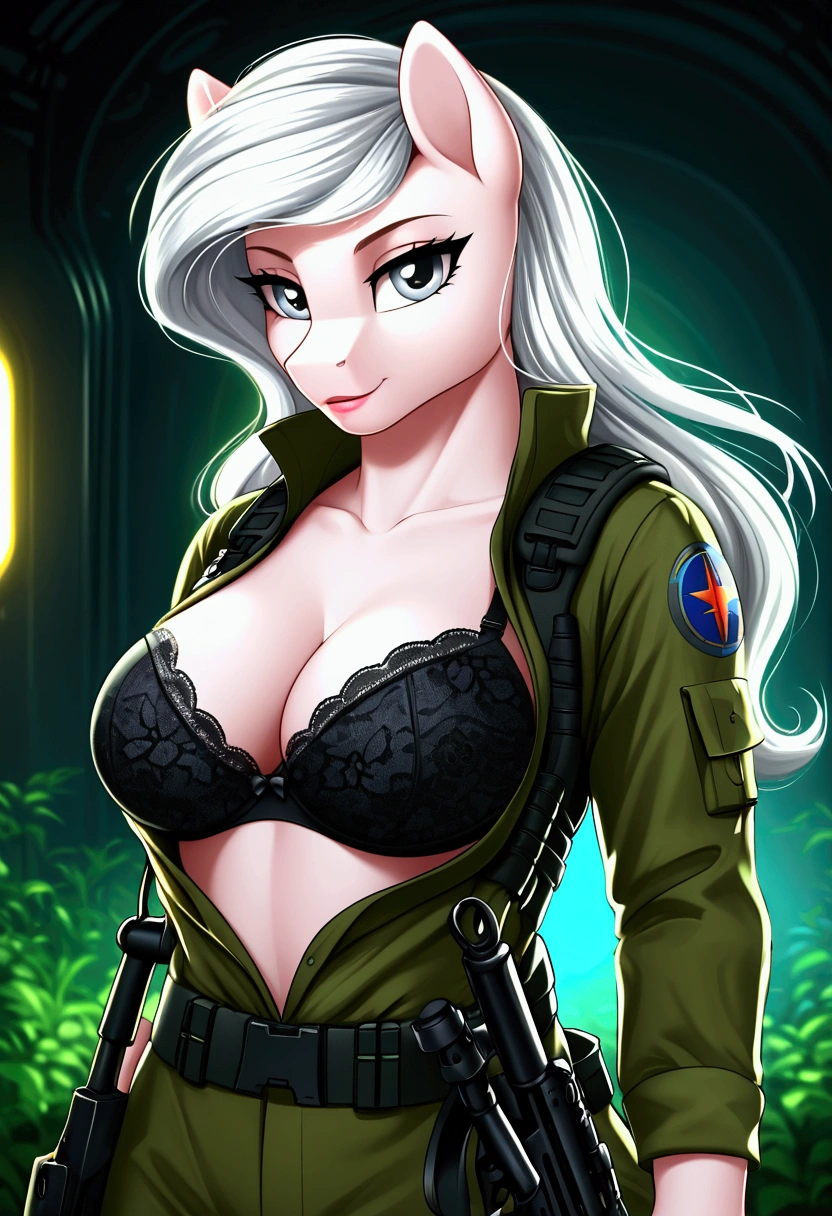 radiant lighting, vibrant colors, whimsical atmosphere, 8K, high resolution, highly detailed, masterpiece, ((my little pony)), (white hair), (pale body), (gray eyes) seductive face, tactical gear, standing, big breasts, bra