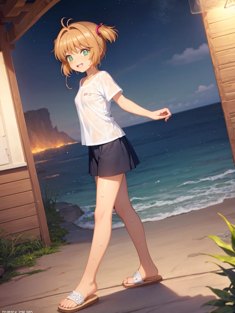(masterpiece:1.2), best quality, high resolution, unity 8k wallpaper, (illustration:0.8), (beautiful detailed eyes:1.6), extremely detailed face, perfect lighting, extremely detailed CG, (kinomoto sakura, green eyes, short hair, two side up, 12 years old, short stature, small breast, solo,), squatting, no bra, show off nipple, little nipple, sailor suit, pink tie, open-breast clothes, wet clothes, short black skirt, lift skirt, show off panties, pink striped patterns panties, vagina, gleaming skin, moist skin, embarrassed, open mouth, evening, outdoor, front view, low angle, looking at viewer, grin,