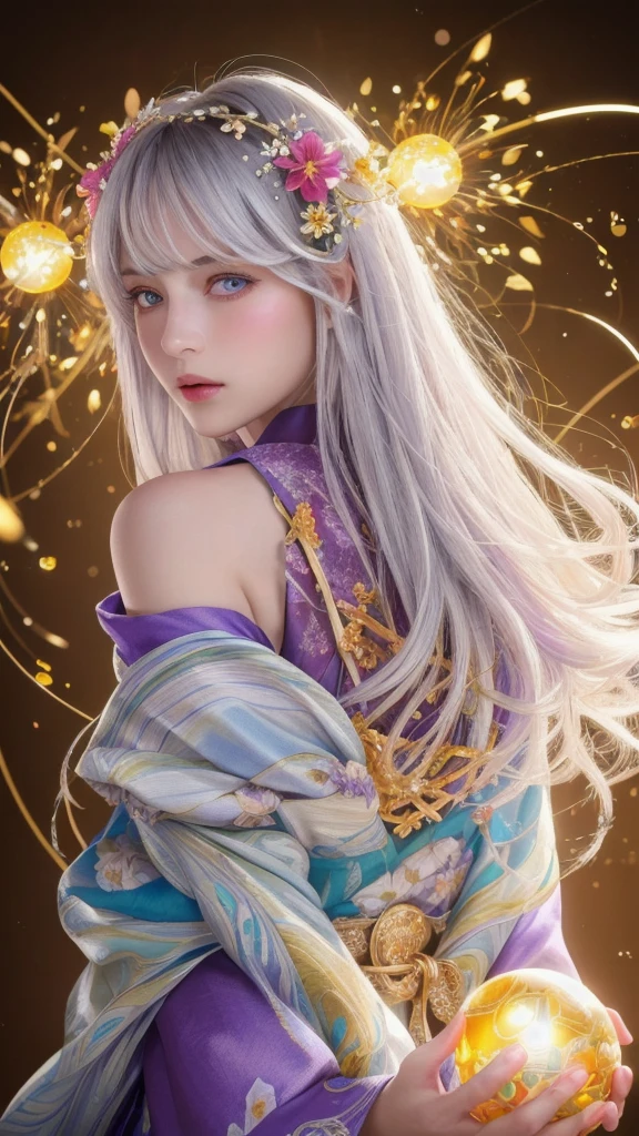 (masterpiece:1.3), (8k, photorealistic, raw photo, highest quality:1.4), (one girl), beautiful face, (realistic face), (long hair), (silver hair, near white hair, shiny hair, beautiful straight hair), (even bangs), (sharp bangs), straight hairstyle, realistic eyes, beautiful detailed eyes (purple eyes), (sharp eyes), (realistic skin), beautiful skin, (kimono), (magician's kimono), (flower hair ornament), attractive, ultra high resolution, ultra realistic, highly detailed, golden ratio, colorful background, (flowers blooming), (energy dancing background), magician, facing forward, facing from shoulders, looking straight ahead, both shoulders facing towards you, holding crystal ball, (heart crystal ball, love crystal ball).
