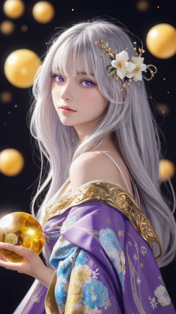 (masterpiece:1.3), (8k, photorealistic, raw photo, highest quality:1.4), (one girl), beautiful face, (realistic face), (long hair), (silver hair, near white hair, shiny hair, beautiful straight hair), (even bangs), (sharp bangs), straight hairstyle, realistic eyes, beautiful detailed eyes (purple eyes), (sharp eyes), (realistic skin), beautiful skin, (kimono), (magician's kimono), (flower hair ornament), attractive, ultra high resolution, ultra realistic, highly detailed, golden ratio, colorful background, (flowers blooming), (energy dancing background), magician, facing forward, facing from shoulders, looking straight ahead, both shoulders facing towards you, holding crystal ball, (heart crystal ball, love crystal ball).