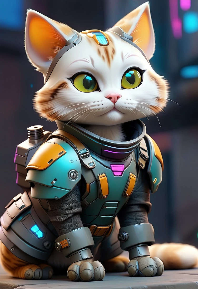 Dressed animals page, captivating and intriguing image of a Cute cat dressed in cyberpunk styled armor, cybernatic, Jetpak on it back, (flying:1.5)