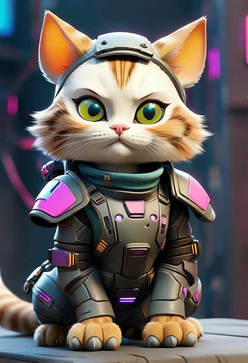 Dressed animals page, captivating and intriguing image of a Cute cat dressed in cyberpunk styled armor, cybernatic, Jetpak on it back, (flying:1.5)