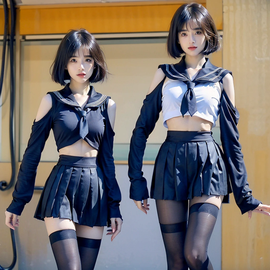 The highest quality shooting　　　　、White lace panties　、(((Two Women)))、　Thin rope、Tying up the body　、(((Bound arms))), (((Bound chest and legs))),(((arms behind back)))
、(((Black collar))) 、　Skirt Roll Up　、　Two Women、White School Uniform、(((audience)))　、a sailor suit　、Dark blue pleated skirt　、Medium length pleated skirt　、student clothes　、　　Collar with a leash　、Cowboy Shot　　 、is crying　 　　、Portraits are prohibited　、blushed face　　、nightclubs　、disco　、dance　、　poneyTail　、(((audience)))　　、　A dark-haired　、Low angle full body photo　、Sad look、 Black hair, shining beautiful skin , Sweat, collar and chain accessories, beautiful black pupil and hair, Detailed expression　, beautidful eyes