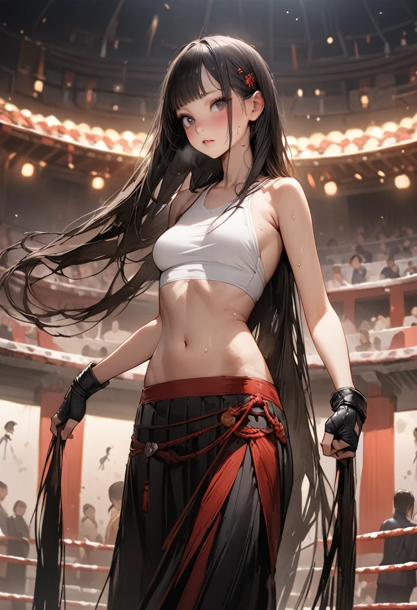 (((masterpiece,Highest quality:1.3,best quality illustration))),(realistic),cowboy shot,独奏,1woman,18 year old beauty,black hair,long hair,bangs,black eyes,gorgeous big eyes,((very small head:1.3)),((very long body:1.2,skinny)),medium breasts,White tube top shirt、navel、(Black pleated mini skirt),Brown leather fingerless gloves、sweat,gleaming skin,toned body,slender body、boxing、During a martial arts match、amphitheater、