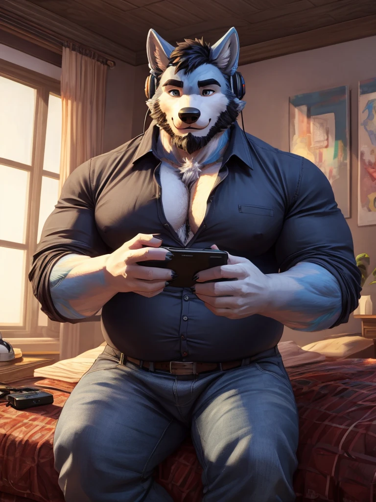 ((best quality)), ((masterpiece)), (Ultra detailed), ((4k)) , Solo , Anthro Wolf , Light Blue Fur , Black Short Hair , Short Beard , Handsone , Middle Ages , Big Pecs chest , Fat Body , Playing Game , Headphone , Bedroom , Sit In Bed , collared shirt, Jean pants ,