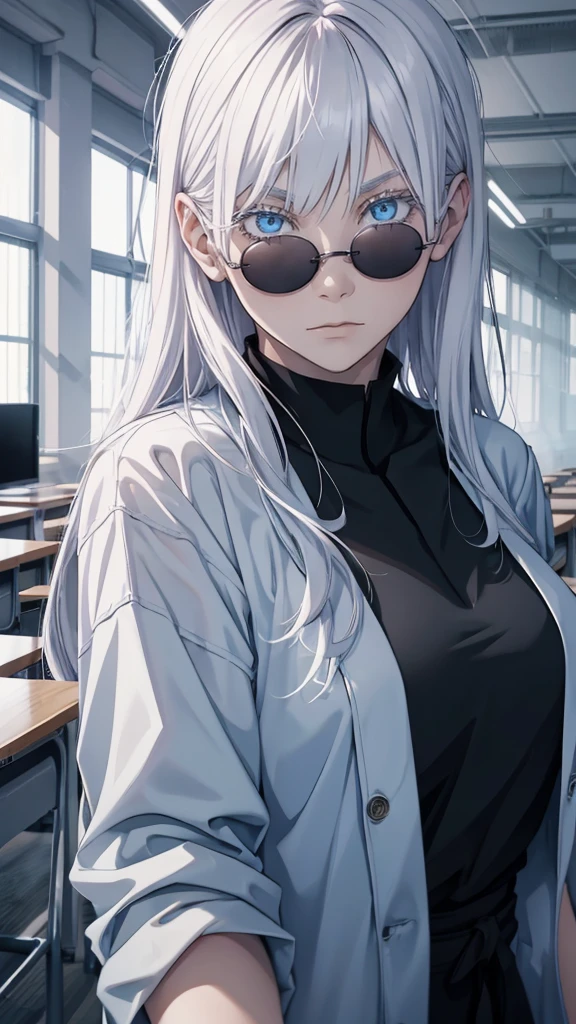 Woman, famale version, female, jujutsu kaisen, solo, alone, white hair, bangs, long hair, white eyebrows, white eyelashes, light blue eyes, wearing round sunglasses, wearing black shirt, black sleeves, black clothing, in classroom, school, high quality, 4k resolution, anime