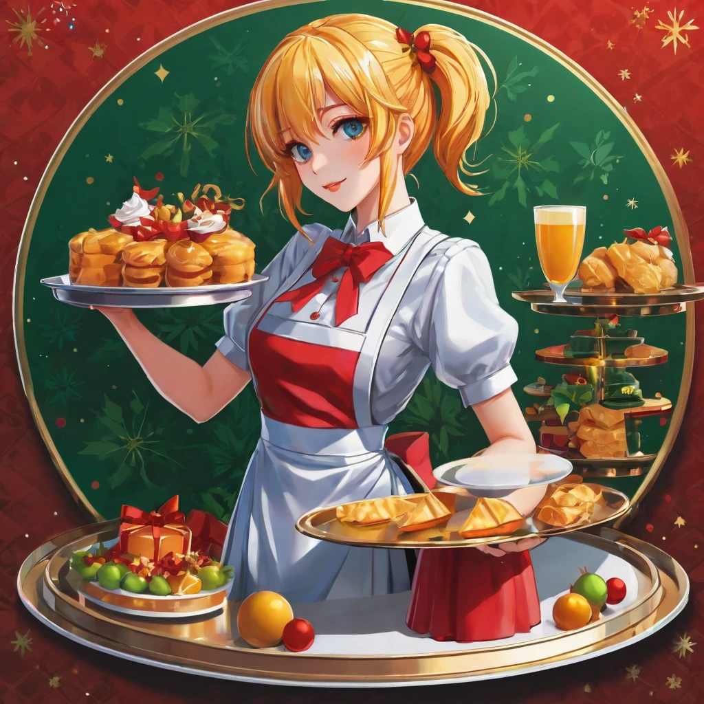 (a sticker,),(3D anime waitress with a tray girl),bright colored hair,Slim, ellegance, There is also a touch of mystery.(In circlerown background), (Christmas border)，, ultra - detailed, Detailed diagram, vectorized, 8K, Professional a sticker design, Graphic design, vector lines, a sticker, Full-HD