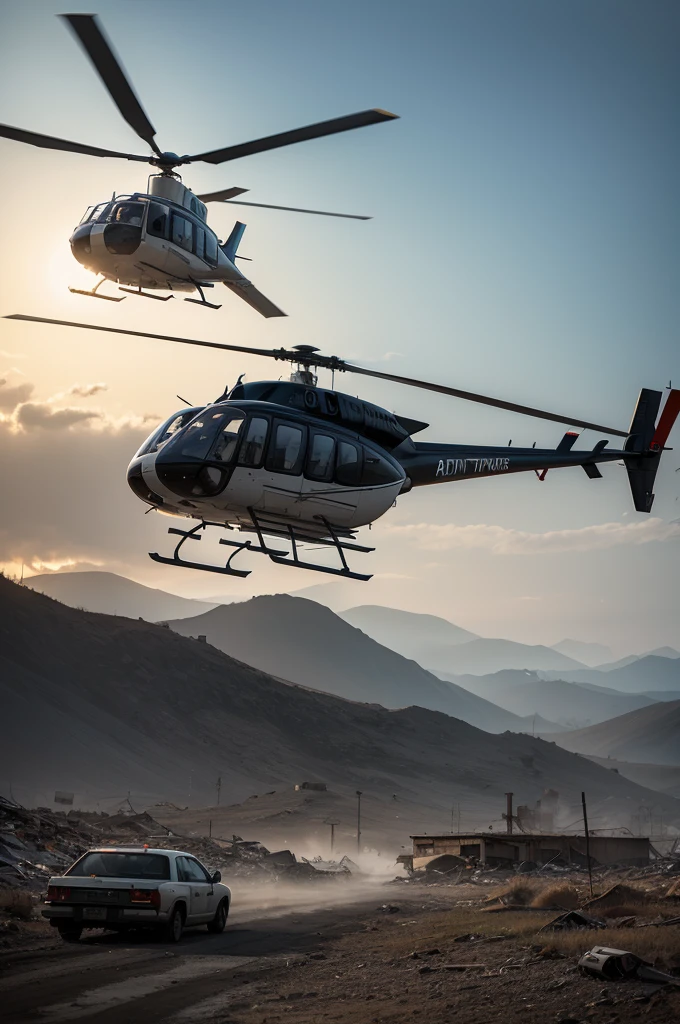 A helicopter in an apocalyptic scenario