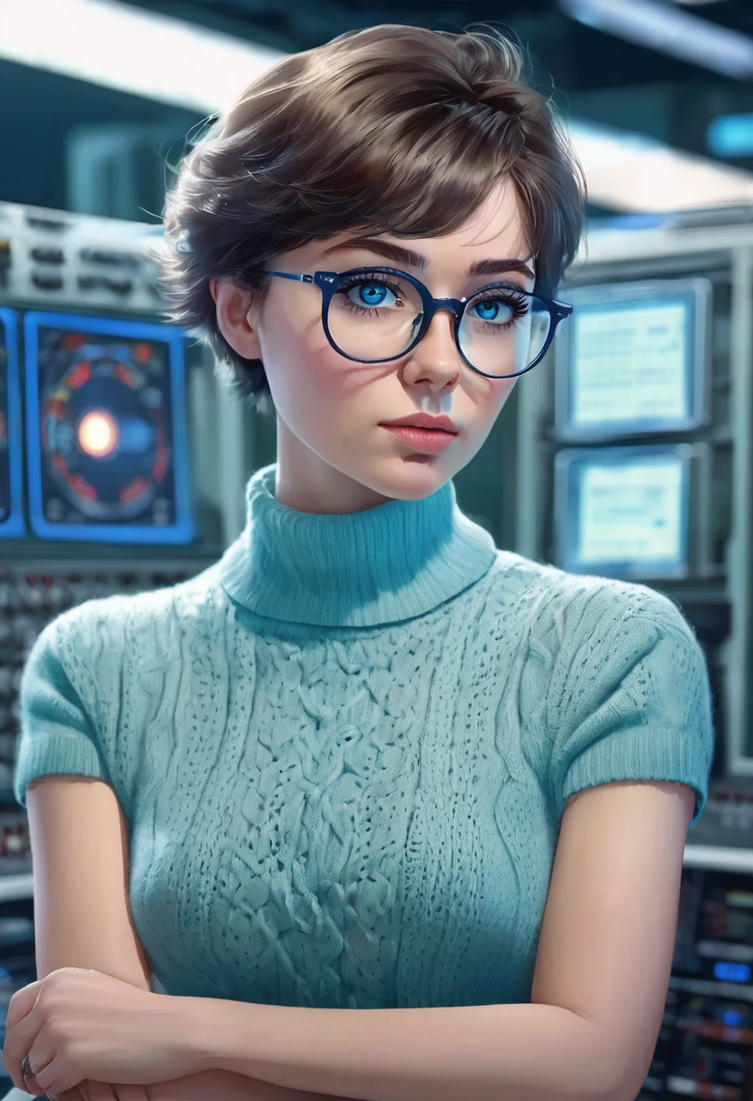 1 woman, in front of a control panel, wearing a light blue high-neck knitted blouse, detailed facial features, detailed blue feminine eyes, detailed light skin, short asymmetrical hair in jade blue, wearing round prescription glasses, strong lighting , expression of sadness on the face, fat body, cold cinematic composition, atmospheric fog, pretty face, thin chin, beautiful woman, feminine and beautiful, 25 years old (best quality, 4K, 8K, high resolution, art: 1.2), ultra-detailed, (realistic, photorealistic, photorealistic: 1.37)