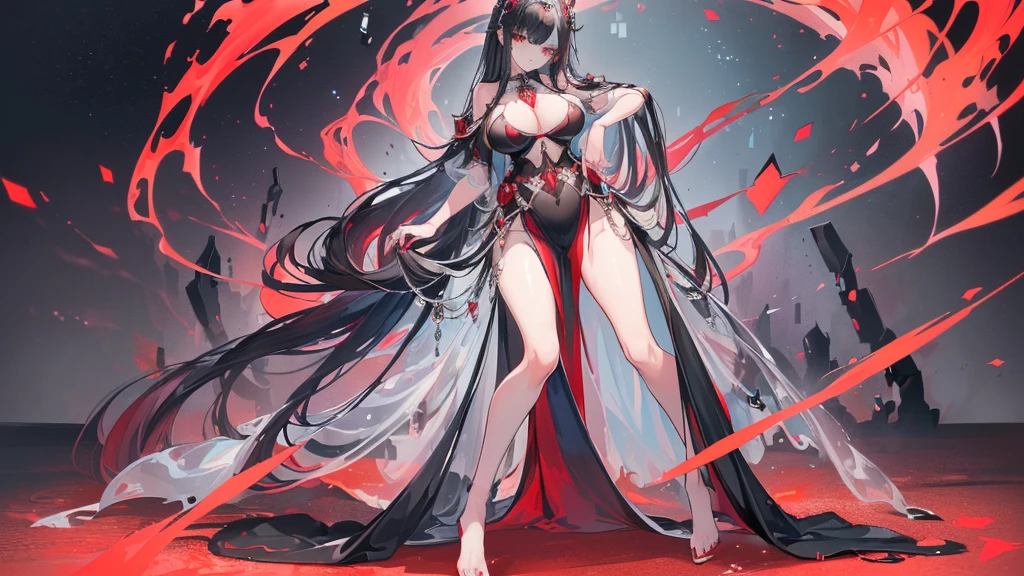 (Exquisite eyes),(Clear and beautiful eyes:1.61),masterpiece, ung girl,(Black clothes and some red gems), Black long hair, (She has a huge red gem on her chest), Good Hand,((The Havoc of StarCraft)),full-body shot,Fighting Stance,(Red Eyes:1.466),short and small,(Very big breasts:1.35),(Pretty Face),(full-body shot:1.33),Beautiful hands