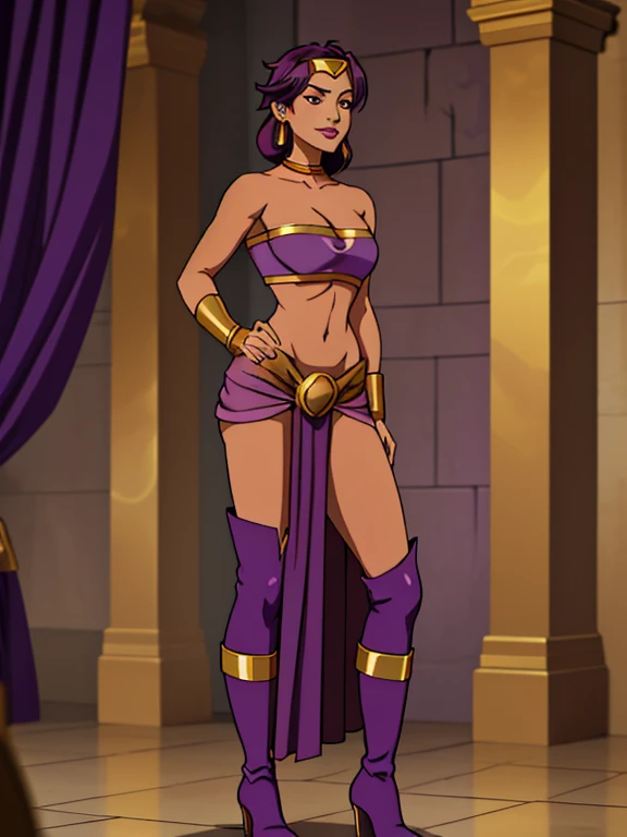 A female sorceress detailed purple eyes, ((purple eyes)), purple iris, short purple swept back, hair tied back, fantasy sorceress, (Wearing: golden headband, purple strapless top, purple loincloth, pelvic curtain, golden armlets, golden knee-high boots:1.3), mildly confident expression and smile. Detailed hands. ((Detailed eyes. Detailed face)). vibrant colors., high quality, high resolution, masterpiece, (High resolution), (high quality), (sharp focus), (best quality), cleavage. Show her standing with her hands on her hips, castle ruins background, full body shot, profile view. front shot.
