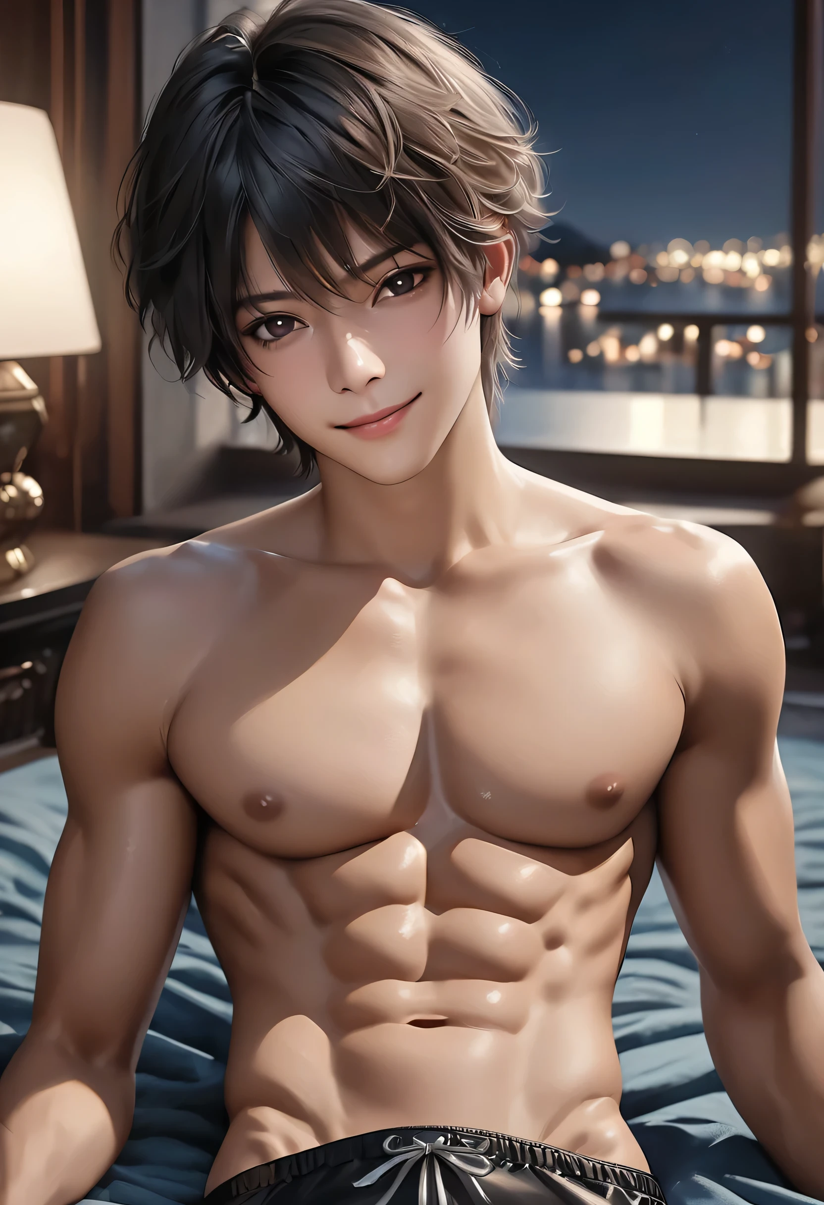 high quality, detailed, Realistic,(2boys:1.5), (18 years old tanned japanese idol boys), (detailed black eyes), (black short hair), (abs), (tanned dark brown skin), night palace bedroom, (black tiny thong), (bulge), (detailed nipples), detailed areola,best quality,4k,8k,highres,masterpiece:1.2),ultra-detailed,(realistic,photorealistic,photo-realistic:1.37), looking at viewer,smirk,laying,face close up, --no watch,