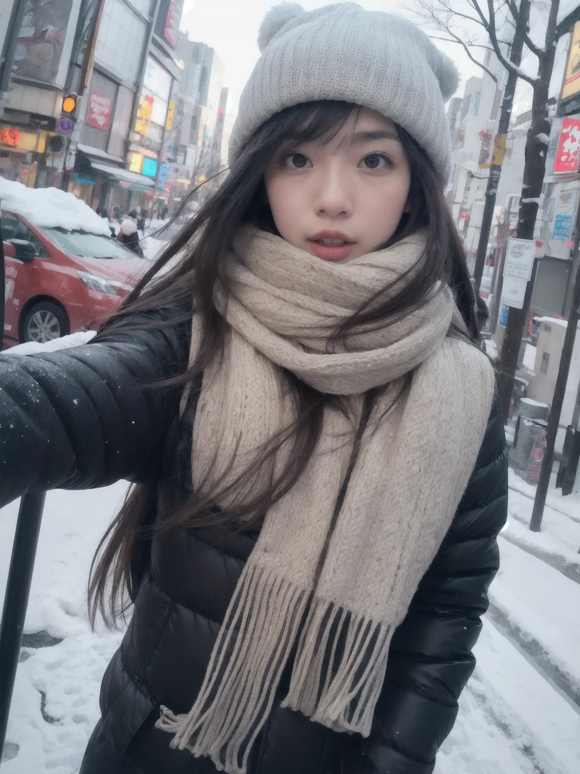 realistic,Hyperrealistic,photograph,
ultra wide shot of a girl in Tokyo street, exaggerated perspective, upper body with reaching out hand, foreshortening, realistic, high-resolution, female focus, solo, snowy day with scarf and hat, flying snow, fish-eye lens low angle, POV close-up selfie