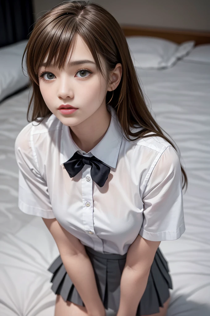 masterpiece, Highest quality, 8K, 85mm Portrait, Absurd, beautiful girl, (Super cute:1.5),16 years old, street, (school uniform, White shirt, Short sleeve), (Grey pleated mini skirt:1.5), (Dark grey tie:1.2), Long Hair, Slim body, Small shoulder width,Large Breasts,Large pelvis,neon, Natural Makeup, perspective, Depth of written boundary, Ultra-realistic, High resolution, photograph, Sharp focus, High resolution, Face Light, Dynamic Lighting, Most detailed, Very detailed, Super detailed, In detail, Real Skin, Delicate facial features,Big eyes,Big Eyes,I can see your beautiful thighs,(Shooting from knee to overhead),On the bed in the hotel bedroom,