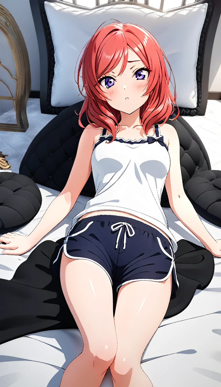 One girl, Nishikino Maki, wearing a thin plain white tank top, pajama shorts, posing on a bed in a bedroom, no objects on the bed, BREAK (masterpiece, top quality, high resolution, ultra detailed, (ultra detailed skin: 1.3), (ultra detailed hair: 1.3), (perfect anatomy: 1.5), (perfect anatomy: 1.5), (beautiful eyes, 5 fingers: 1.3), (highly detailed face and skin texture: 1.3), (crisp details), {background blur: 1.3}, (perfect lighting), high resolution CG, Unity 8k wallpaper, official art, (full body composition: 1.22), (character focus: 1.22), (blush: 1.22), (upward glance: 1.22), 3D rendering, conceptual art, sharp sketch, id_maki_nishikino