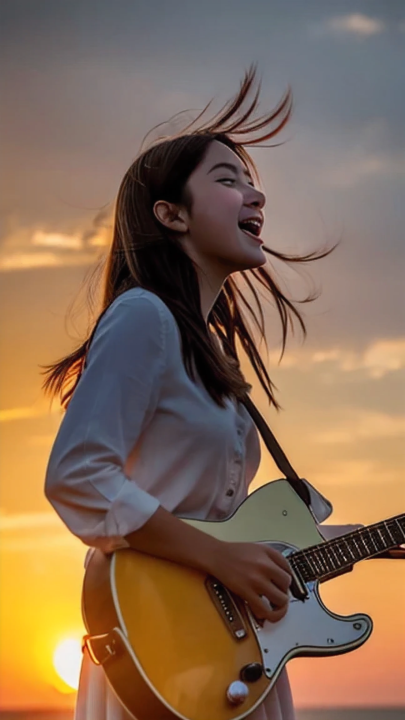 A girl singing while playing the guitar with the sunset in the background
