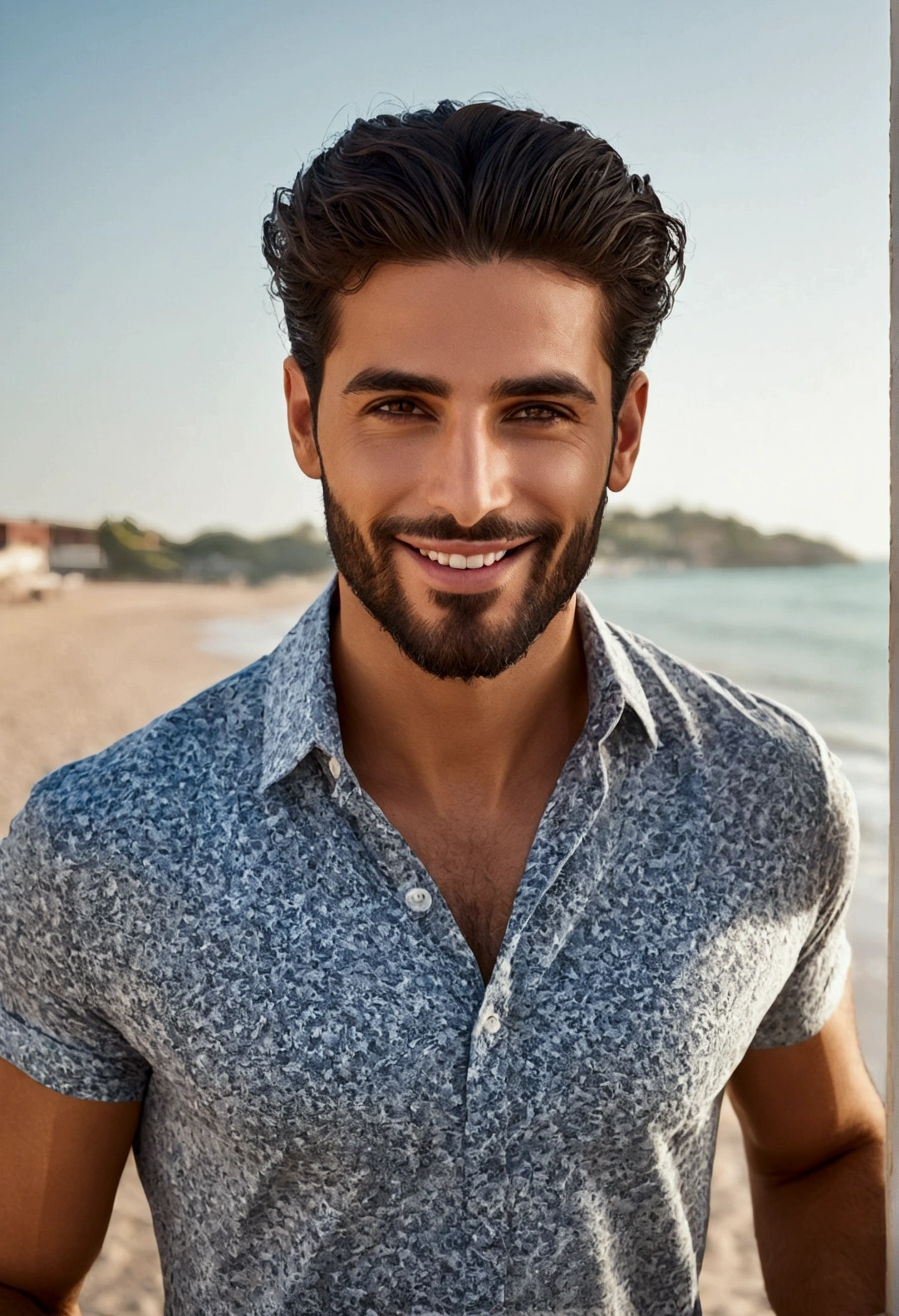 La meilleure qualité,Ultra detailed,realistic:1.37,handsome man,beau type arabic visage,detailed eyes, stark,stubble beard,charming smile,Occasionnel,Elegant hair,rase,Secure posture,gentilhomme,Regard captivant,well groomed,professionnel,Model appearance,Des couleurs vives,Studio lighting,Warm color tone of the&#39;front to camera ,half:portrait sur la plage